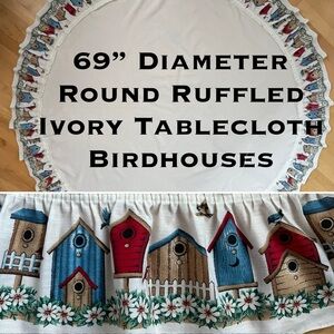🐦VTG 90s/Y2K Birdhouse Flower Border Round Tablecloth Lightweight Cream Ivory